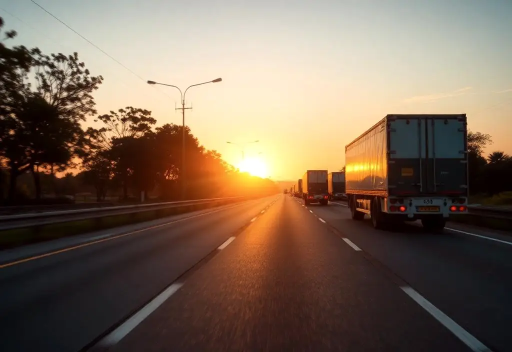 Caminhão carregado trafegando em rodovia sob céu nublado