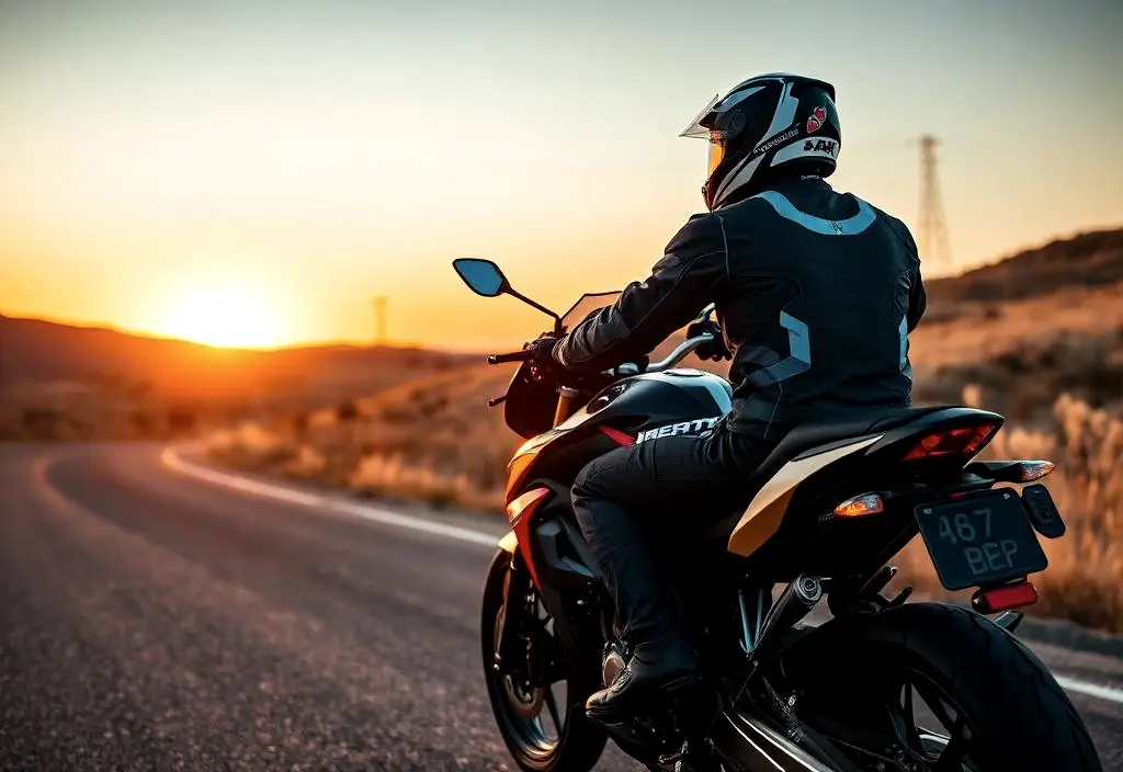 Motociclista de capacete em movimento pela via urbana