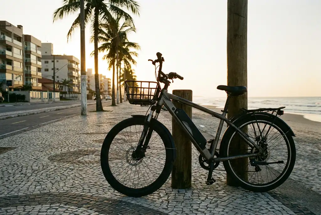 Bicicleta elétrica urbana estacionada em ciclovia à beira-mar