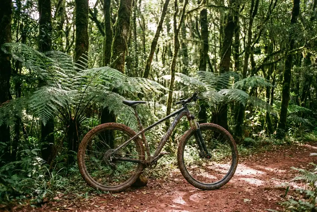Mountain bike aro 29 parada em trilha de terra vermelha na mata atlântica