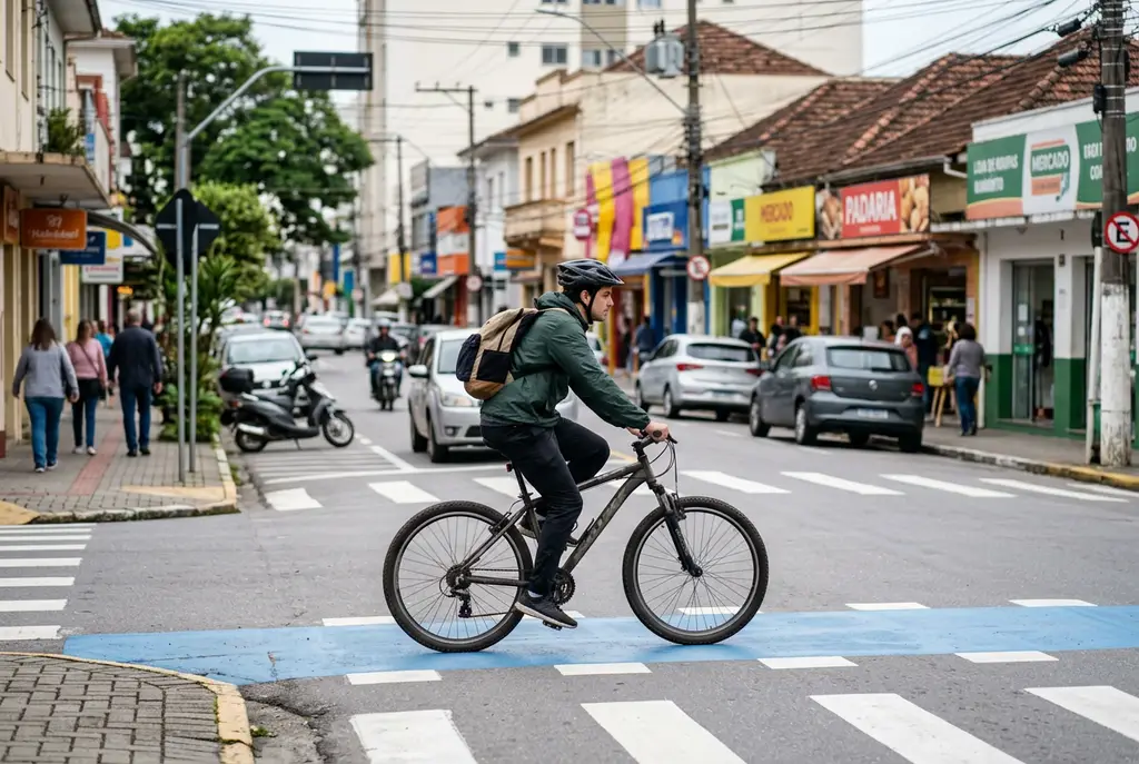 Ciclista com mochila atravessando rua de cidade do interior