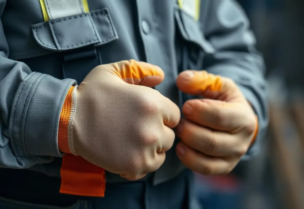 Mãos de trabalhador com luva de proteção