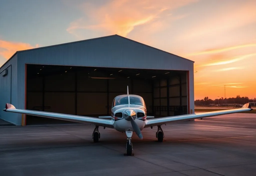 Aeronave de pequeno porte em frente ao hangar, ao pôr do sol