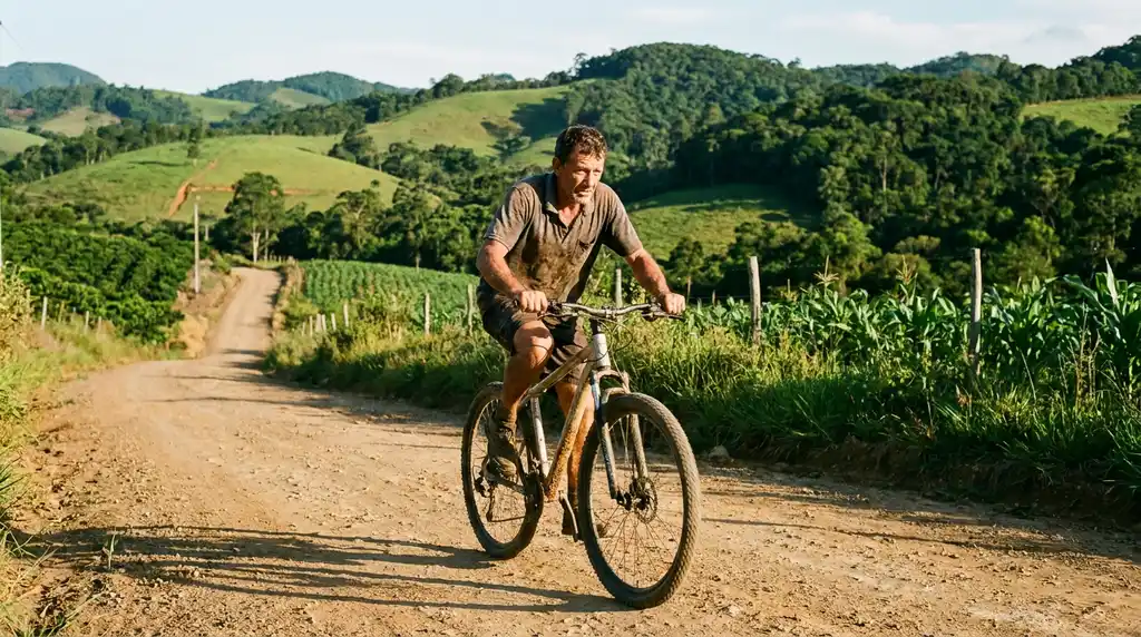 Ciclista pedalando mountain bike aro 29 em estrada de chão batido no interior de Santa Catarina, ao fim da tarde