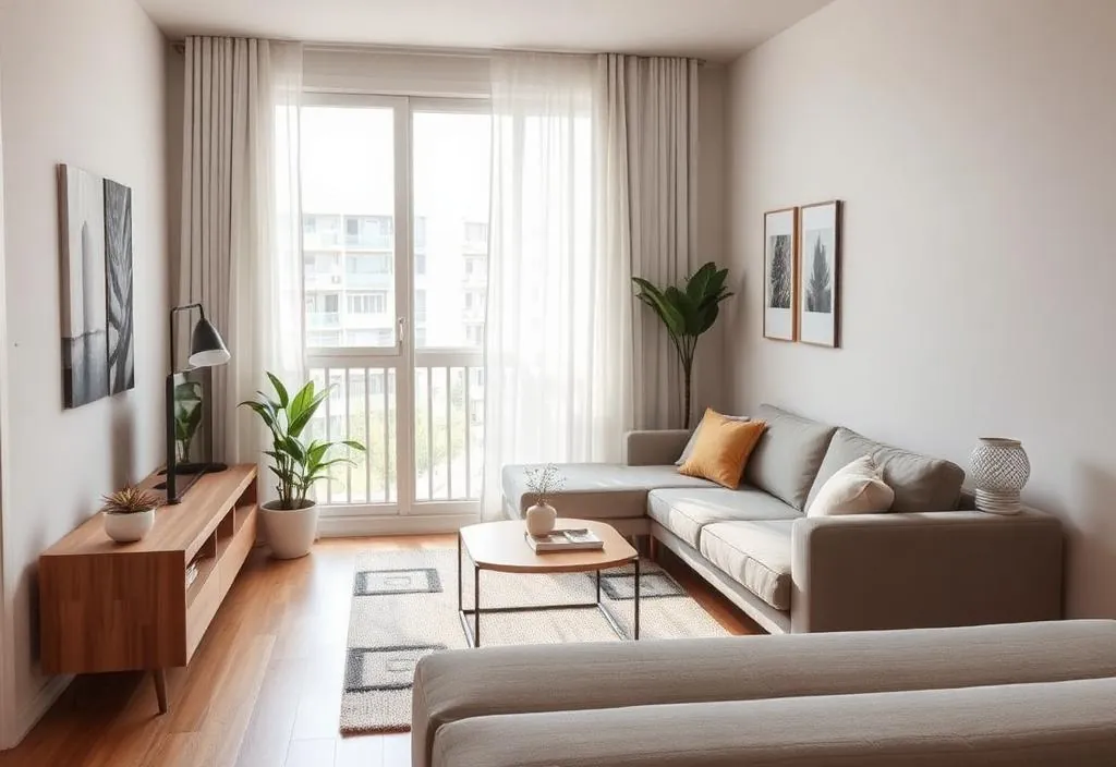 Sala de estar de apartamento alugado, vista da porta de entrada