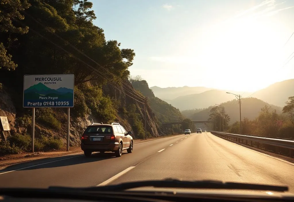 Estrada em direção à fronteira, com placa do Mercosul
