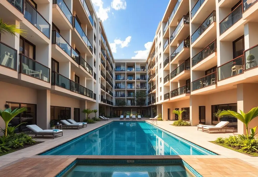 Área de lazer e piscina de condomínio residencial
