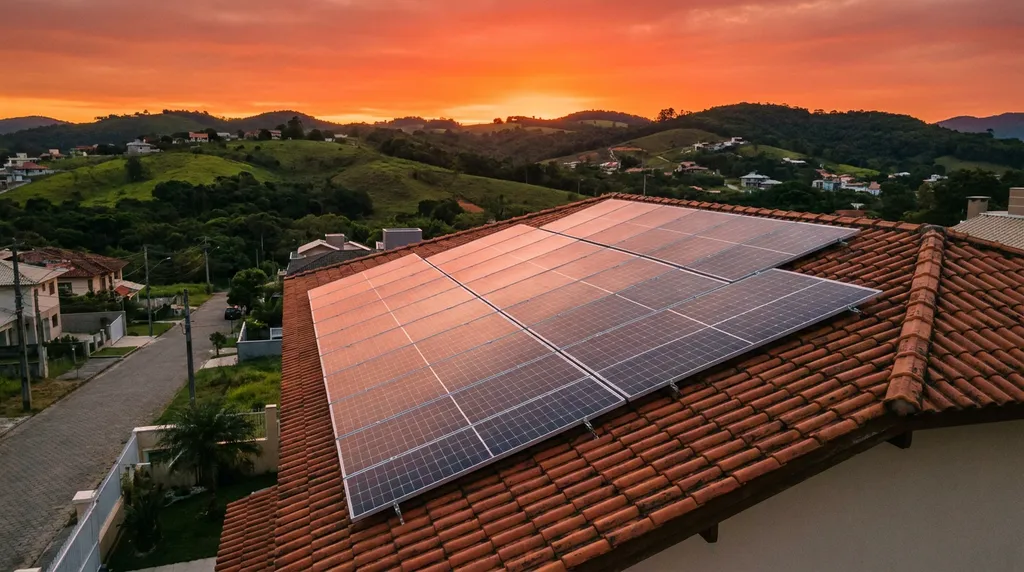 Painéis solares em telhado de casa residencial, ao pôr do sol, com morros ao fundo