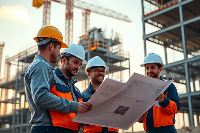 Equipe de engenharia analisando o projeto no canteiro de obras