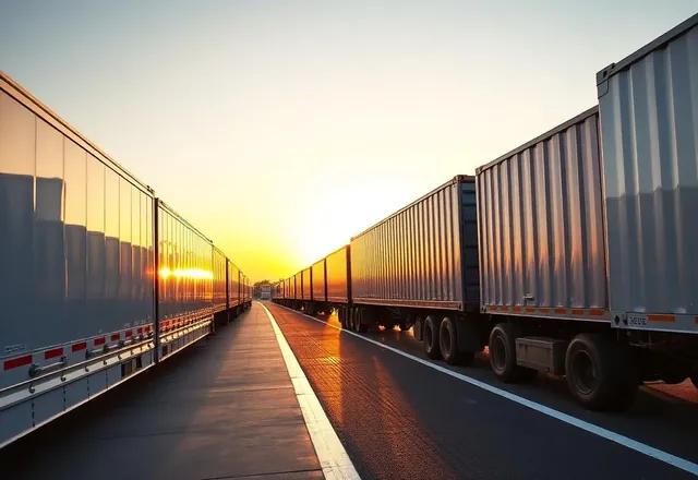 Carretas alinhadas em pátio de transportadora ao amanhecer