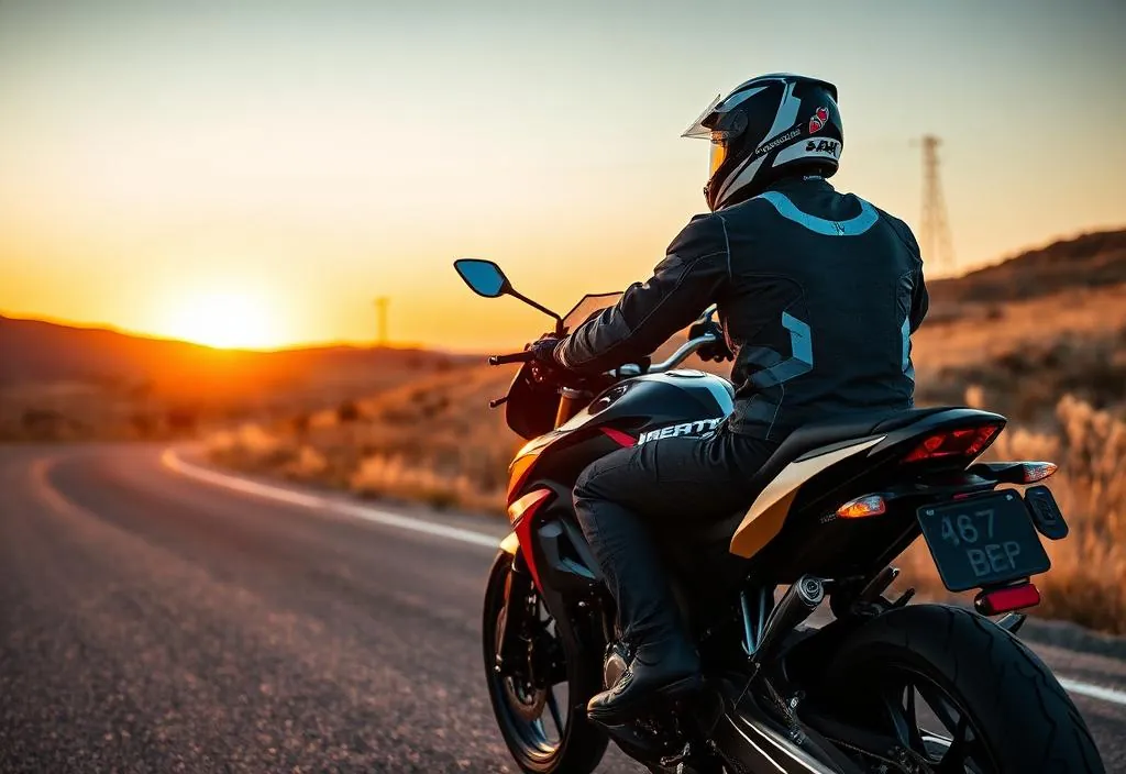 Motociclista de capacete em estrada, ao entardecer