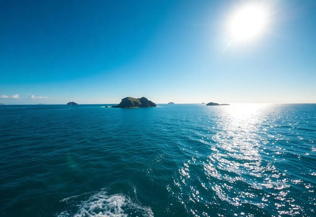 Mar aberto com ilhas ao fundo, em dia de sol