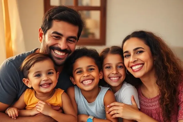 Família reunida em casa, pais e filhos juntos