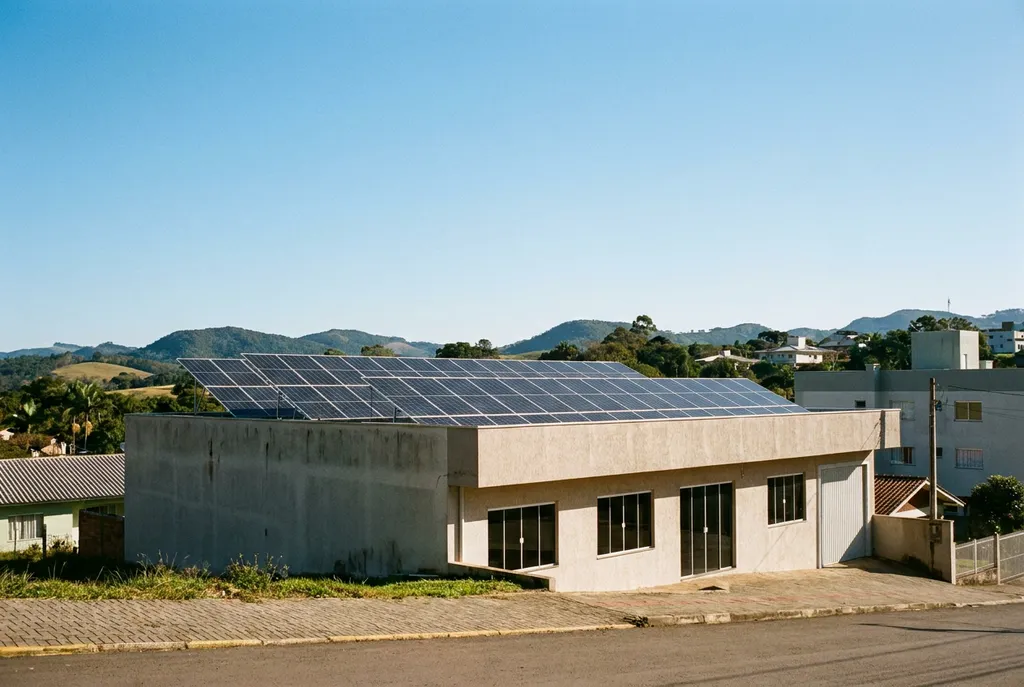Painéis solares no telhado de um prédio comercial de pequeno porte