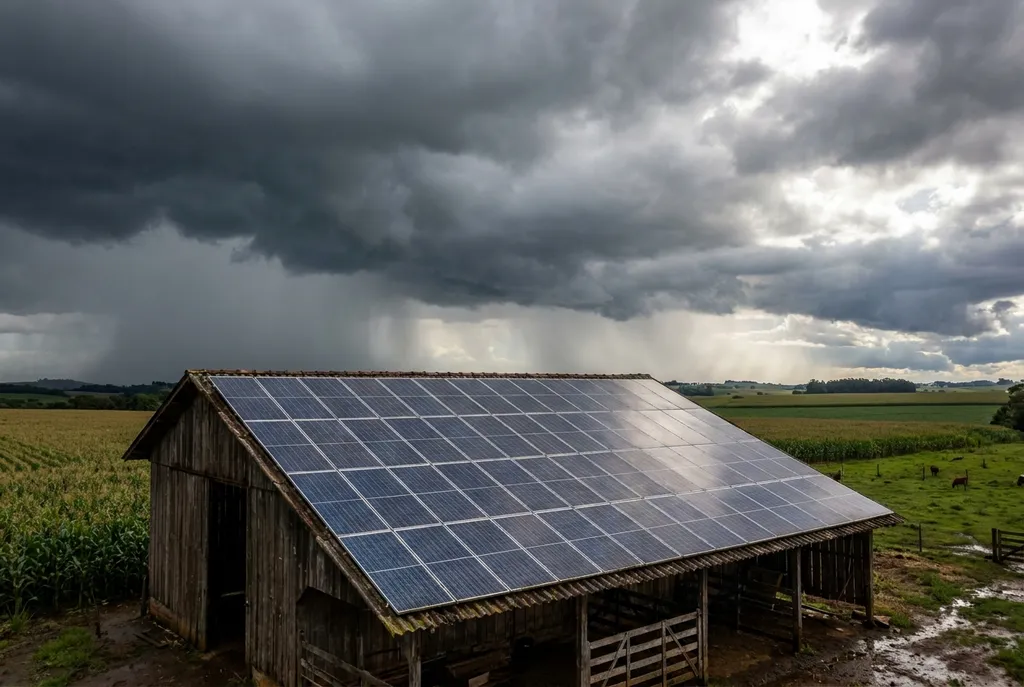 Painéis solares em telhado de galpão rural sob nuvens escuras de tempestade se aproximando
