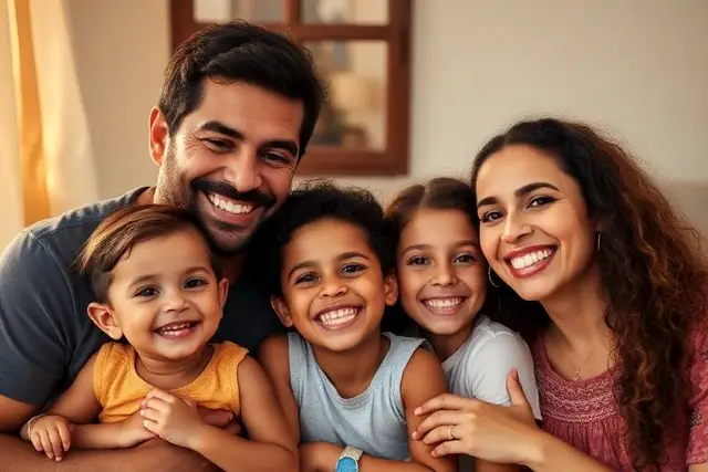 Casal e filhos abraçados no sofá da sala de casa